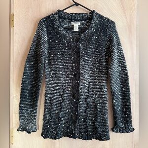 Vertigo Paris Ruffled Knit Cardigan Black White Speckled Button Up Sz S